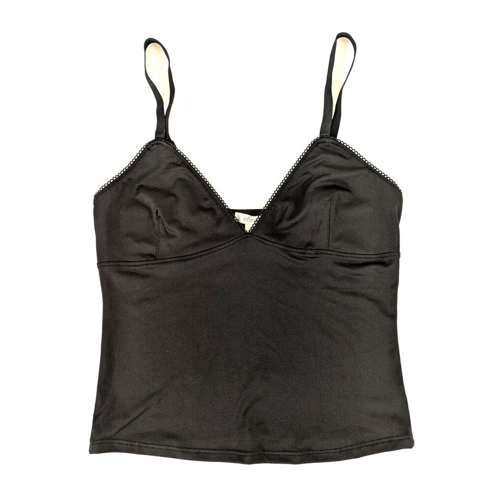 Bozzolo Black V-Neck Camisole Tank Top S Picot Trim Adjustable Straps Stretch